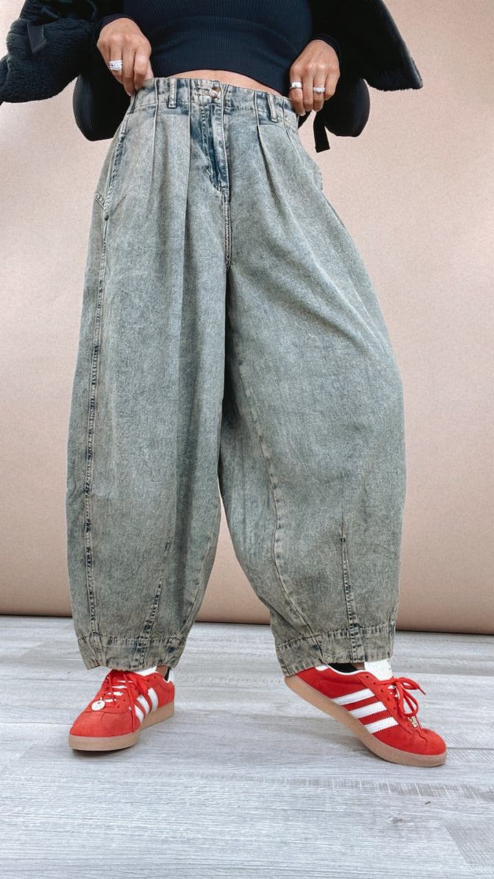 Oli & Hali: Washed Barrel Pants, Denim