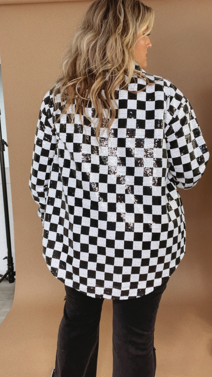 Sequin Checkered Jacket, Black/White