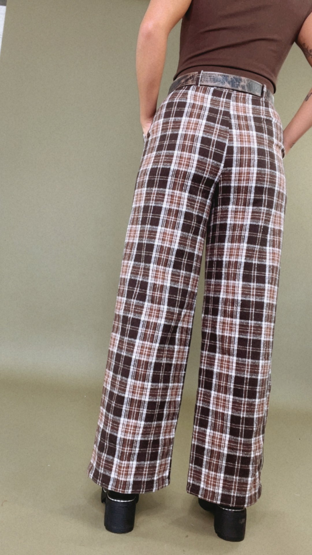 Plaid Straight Leg Pants, Brown