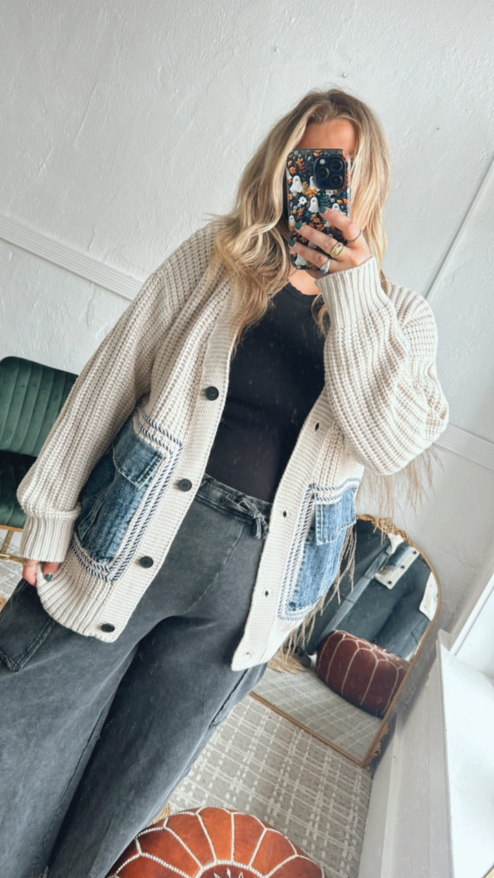 Easy Street Jean Pocket Oversized Cardi, Oatmeal/Denim