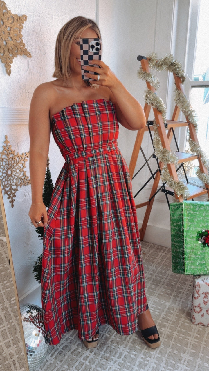 Cheers To You Plaid Strapless Midi Dress, Red