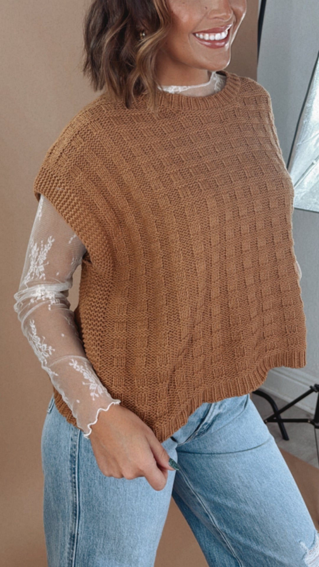 Wear It Woven Textured Boxy Sweater, Camel