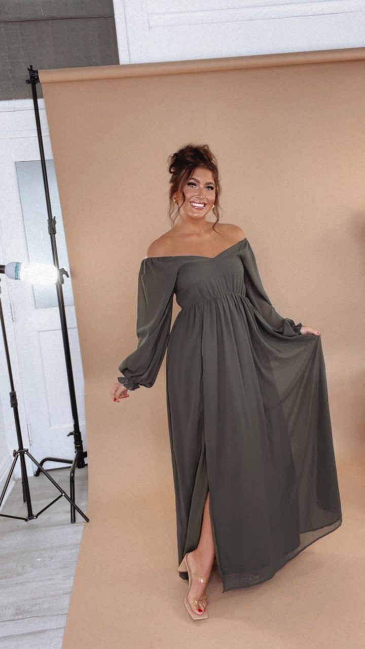 ECB Exclusive: Timeless Romantic Chiffon Maxi Dress, Olive