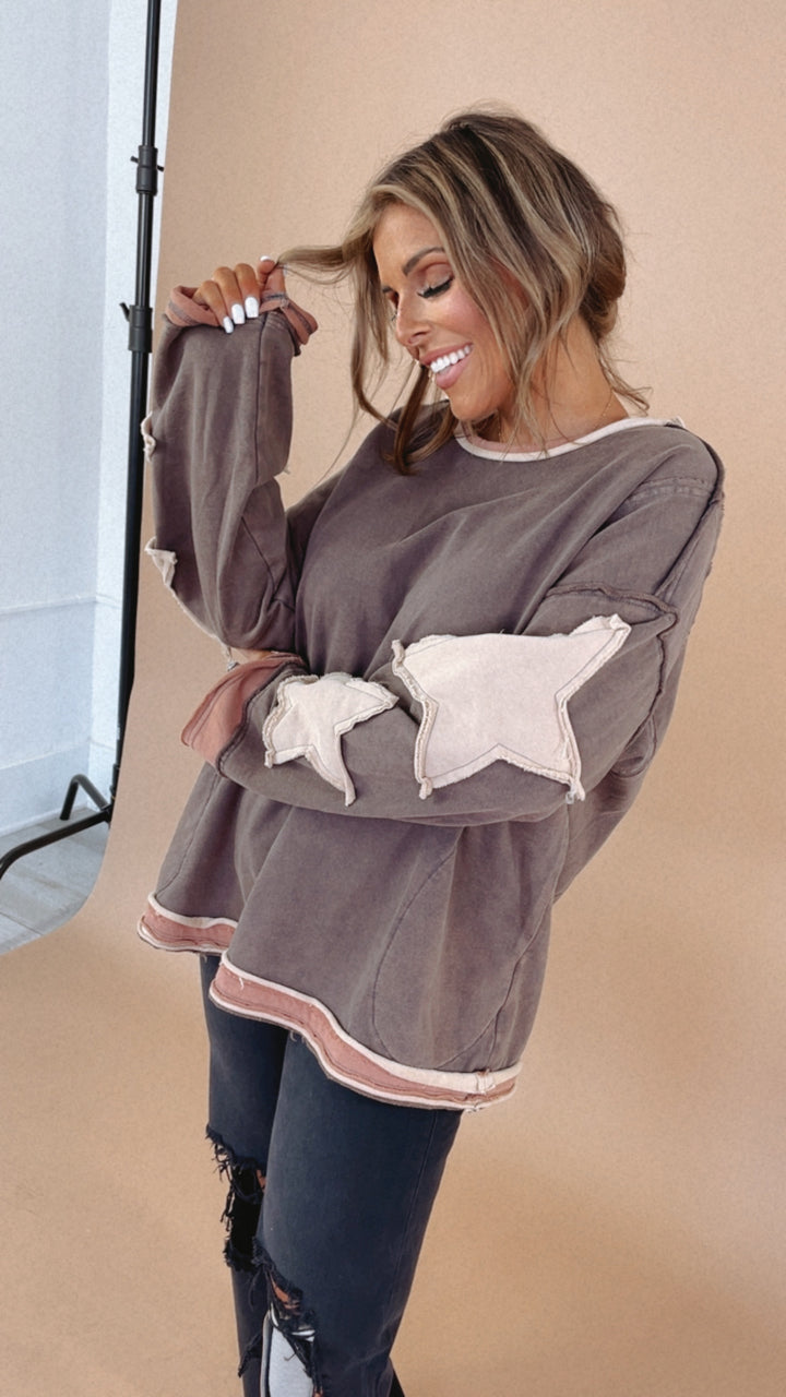 Darcy Distressed Star Patch Sweatshirt, Brown