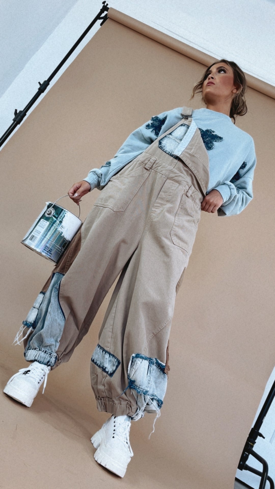 Picture This Patchwork Bib Overalls, Khaki