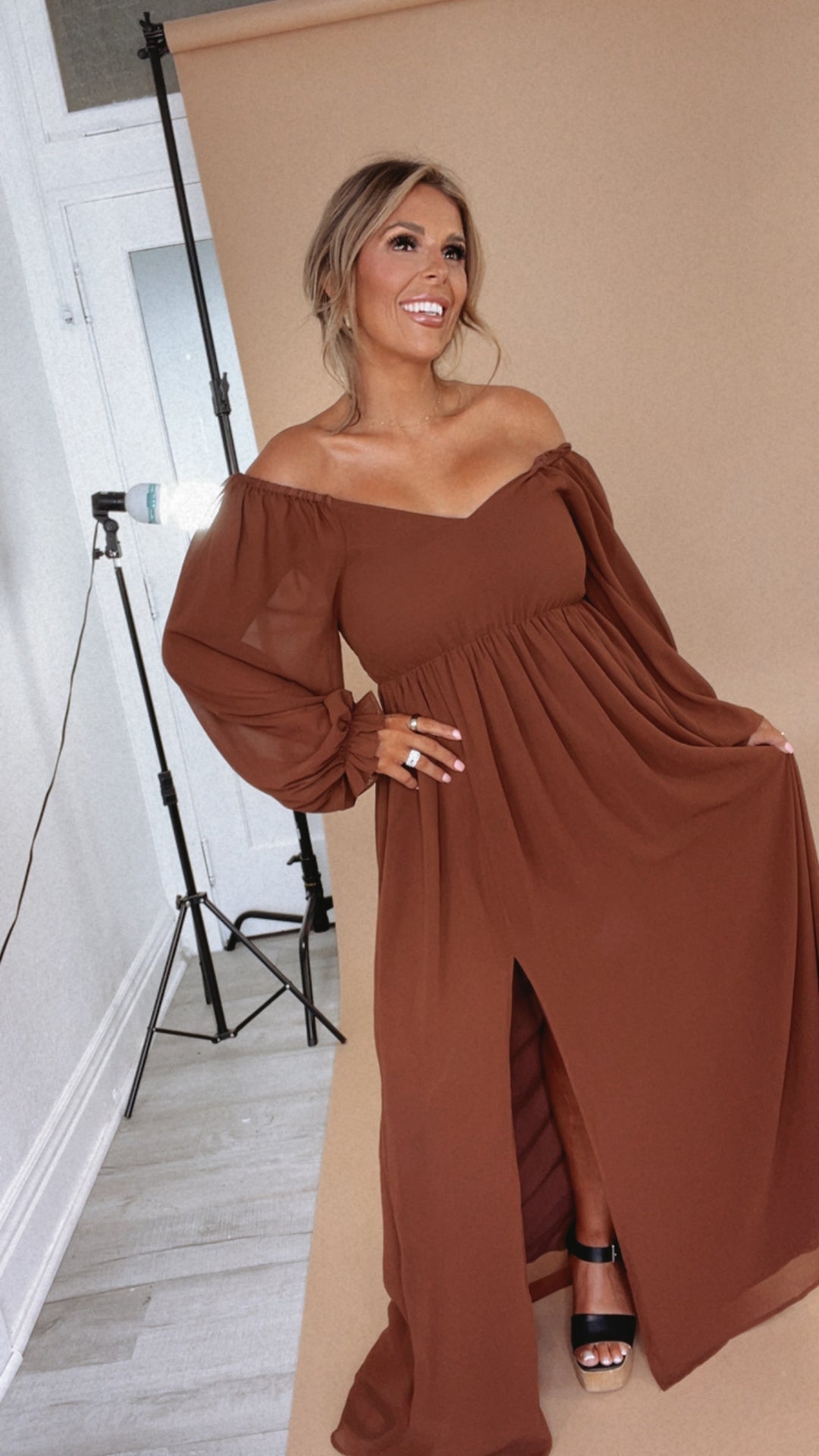 PREORDER 10.7.24 ECB Exclusive: Timeless Romantic Chiffon Maxi Dress, Brown