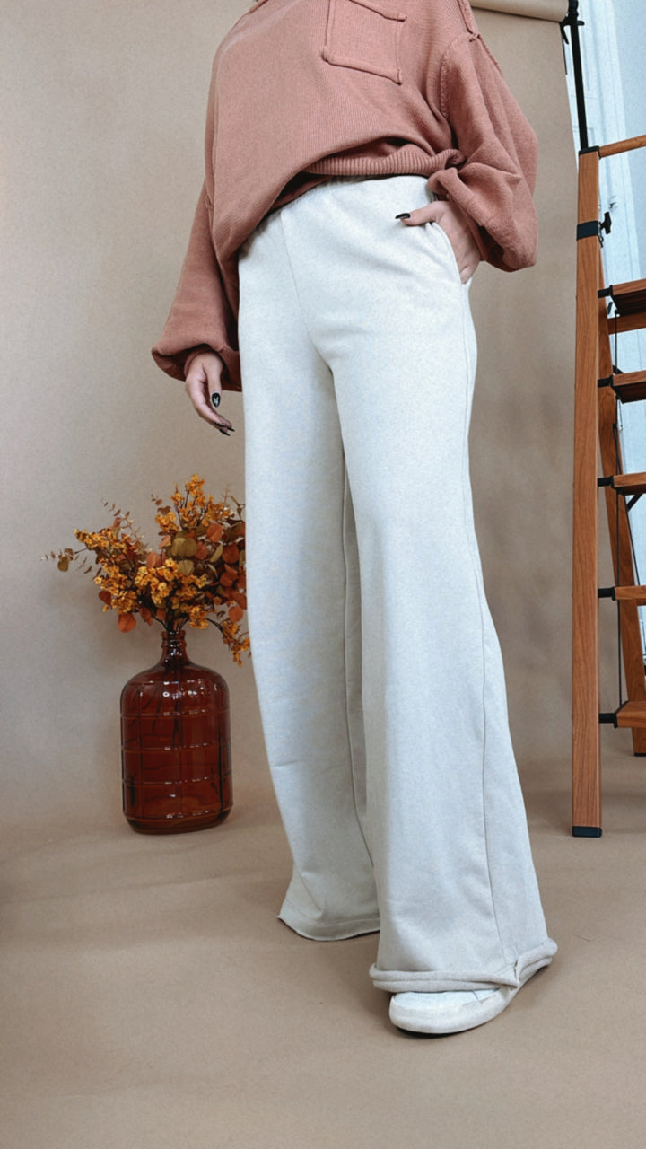 French Terry Wide Leg Sweatpants, Sand