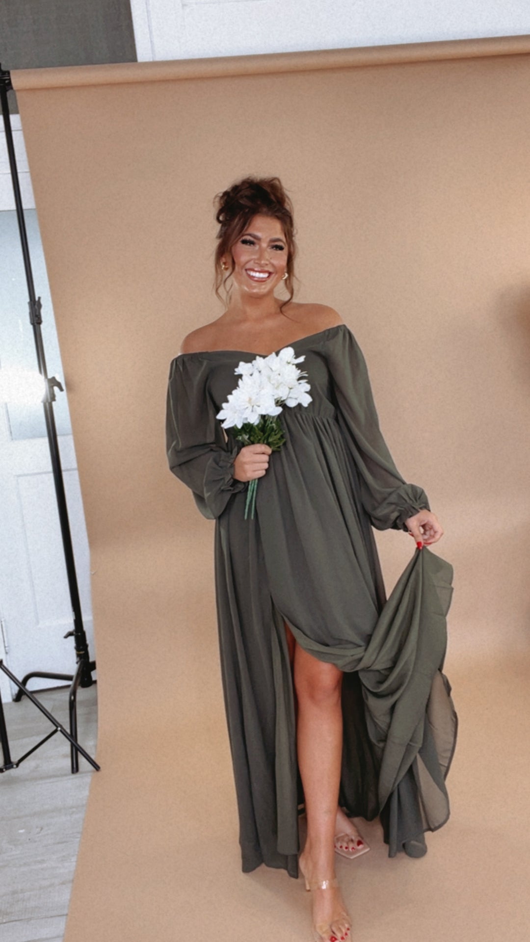 ECB Exclusive: Timeless Romantic Chiffon Maxi Dress, Olive