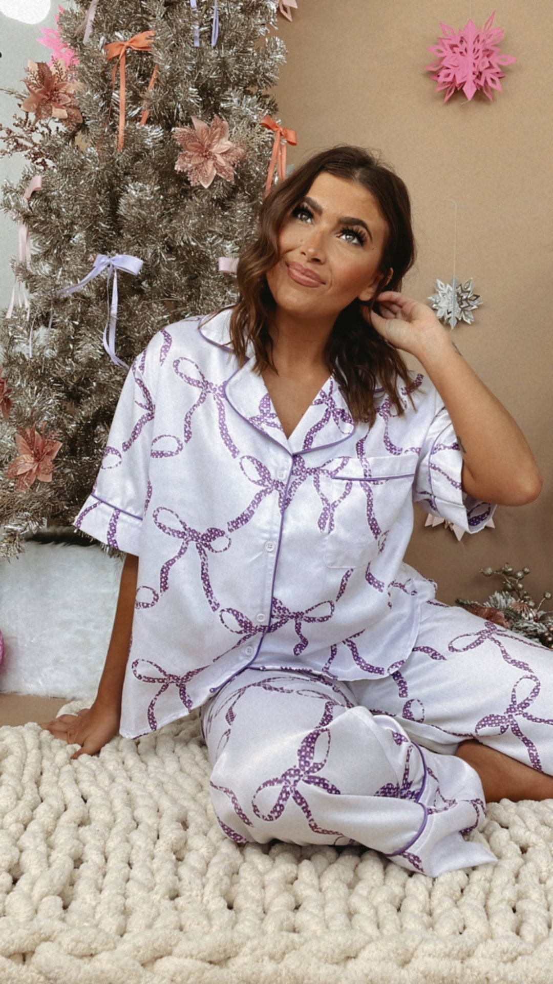 Bliss & Bows Satin Pajama Set, Purple