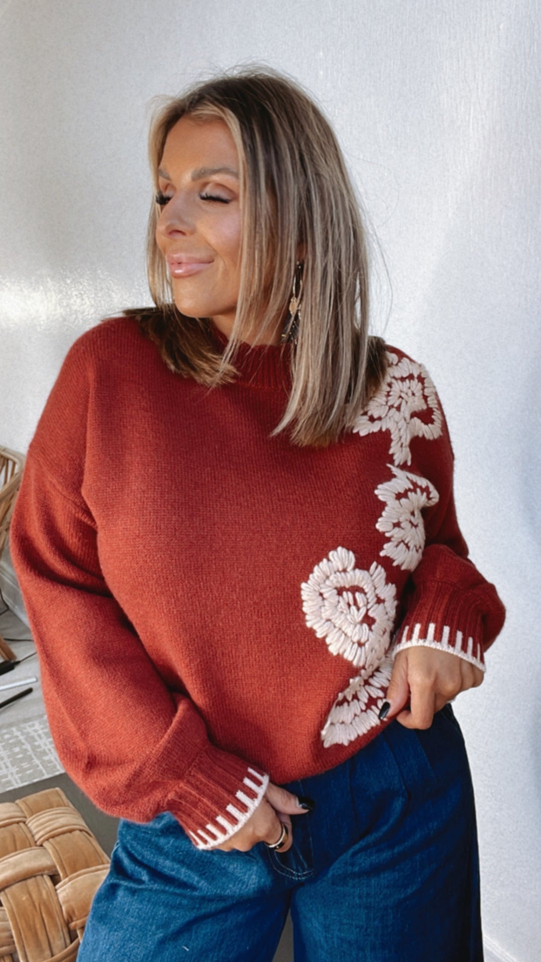 Enough Said Floral Embroidered Mock Neck Sweater, Terracotta