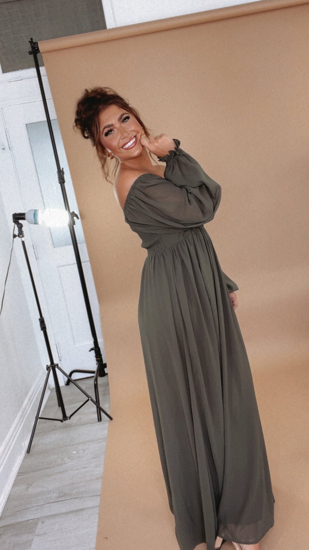 ECB Exclusive: Timeless Romantic Chiffon Maxi Dress, Olive