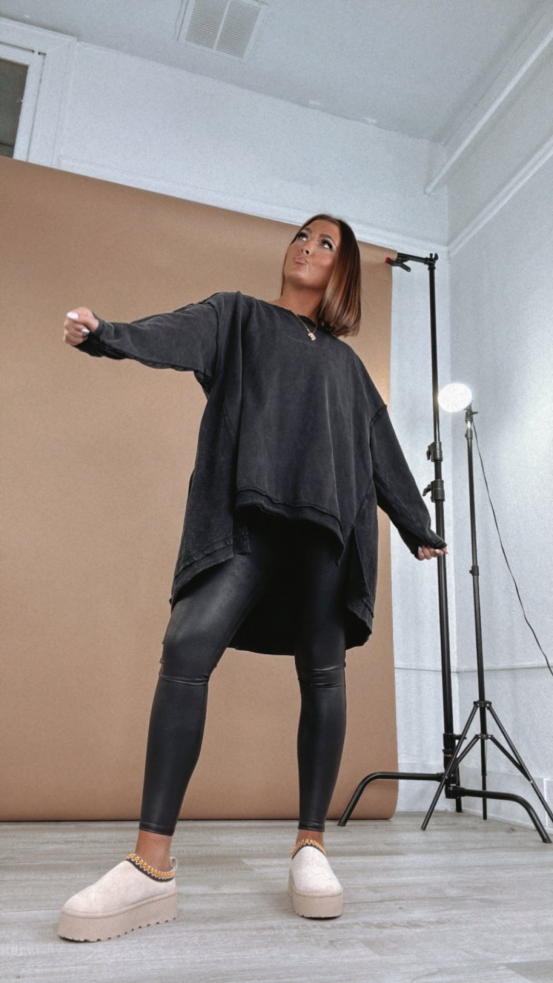 Mineral Washed Oversized Tunic Pullover, Black