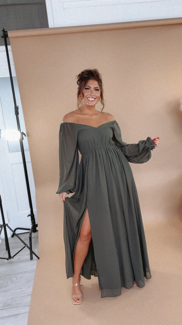 ECB Exclusive: Timeless Romantic Chiffon Maxi Dress, Olive