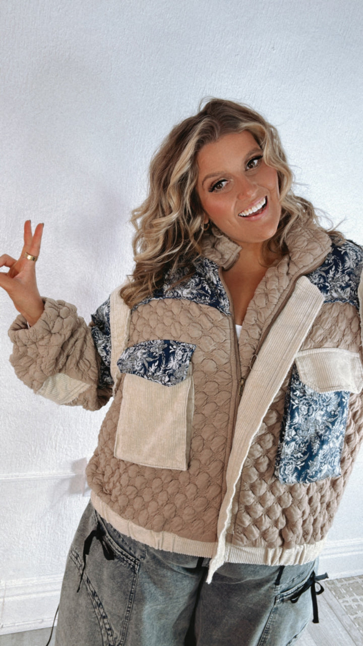 Now Trending Oversized Contrast Quilted Jacket, Tan/Denim Blue