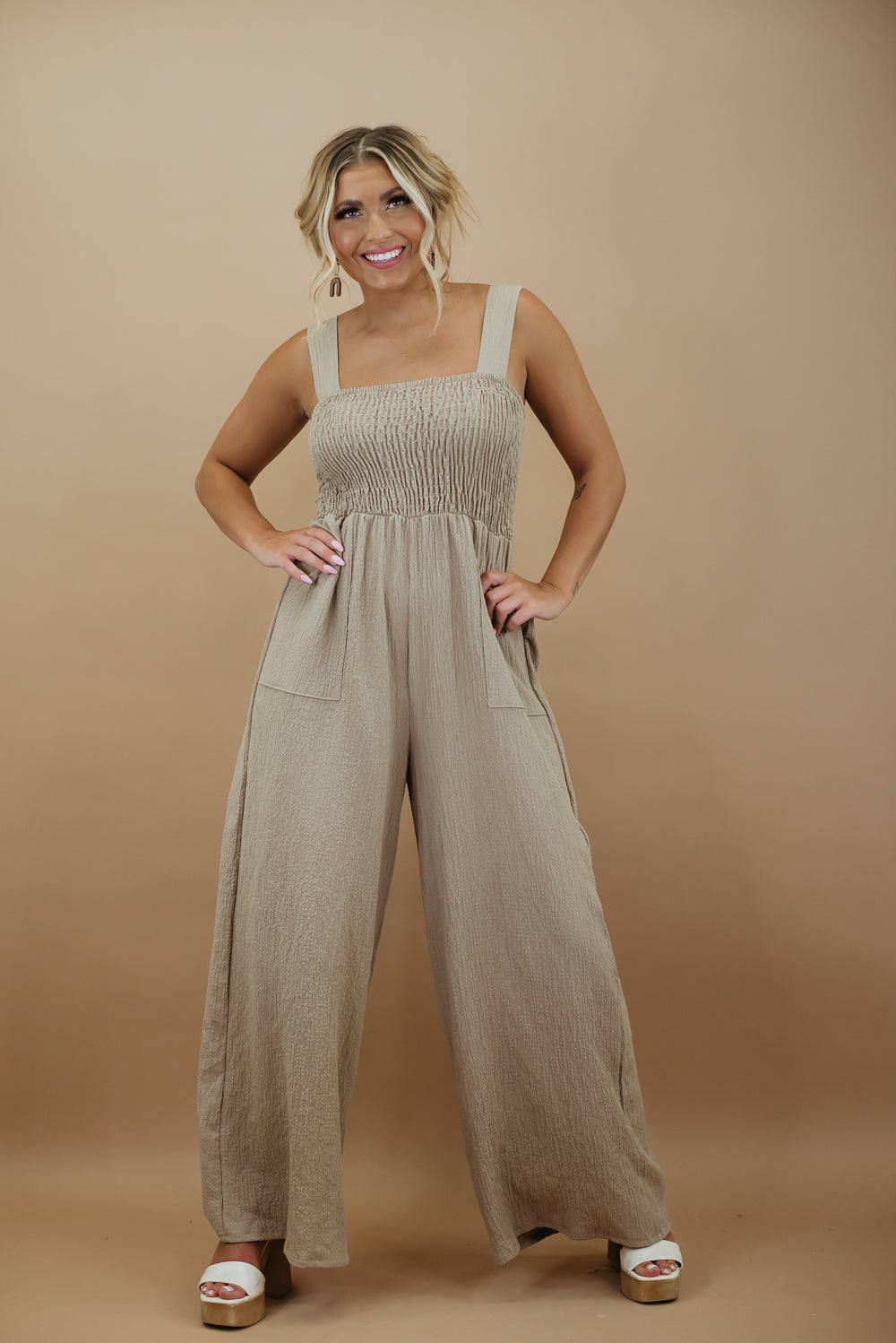 To The Tropics Jumpsuit, Taupe