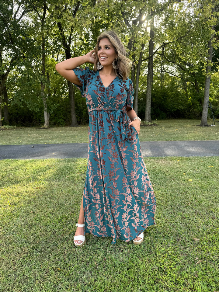 Enchanted Velvet Detailed Maxi Dress, Turquoise