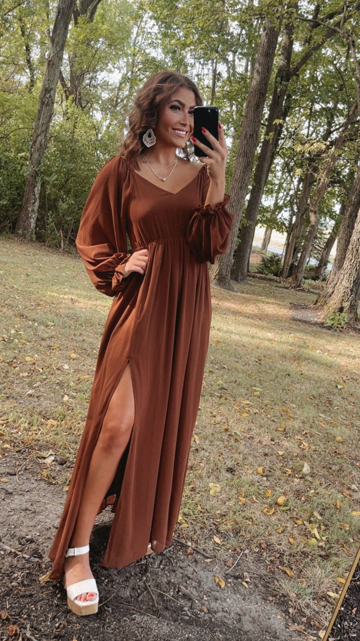 PREORDER 10.7.24 ECB Exclusive: Timeless Romantic Chiffon Maxi Dress, Brown