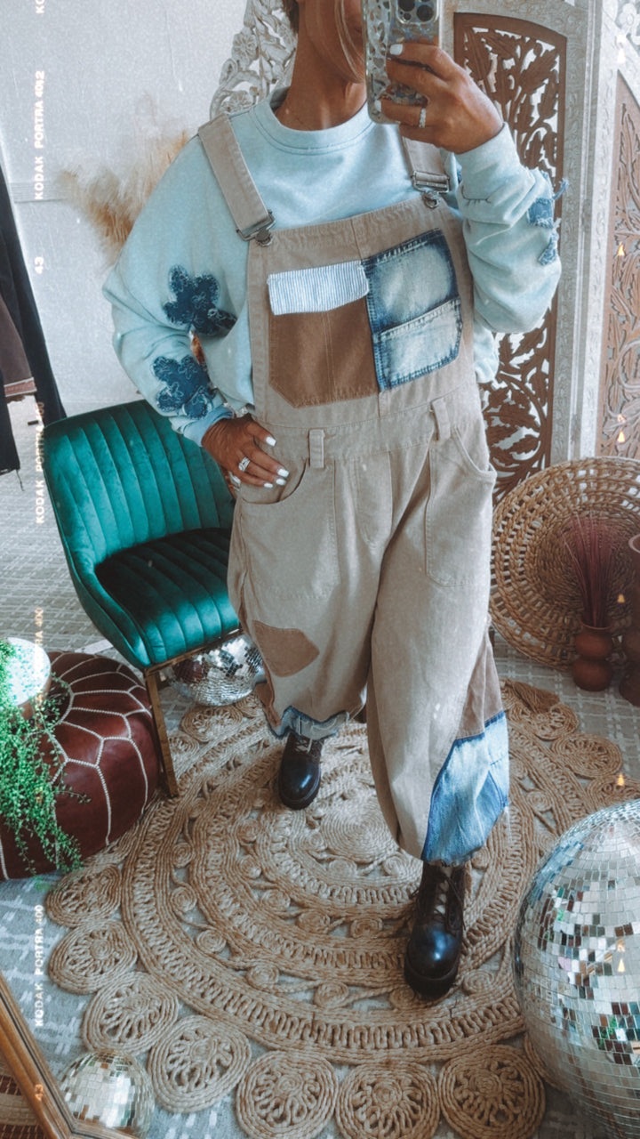 Picture This Patchwork Bib Overalls, Khaki