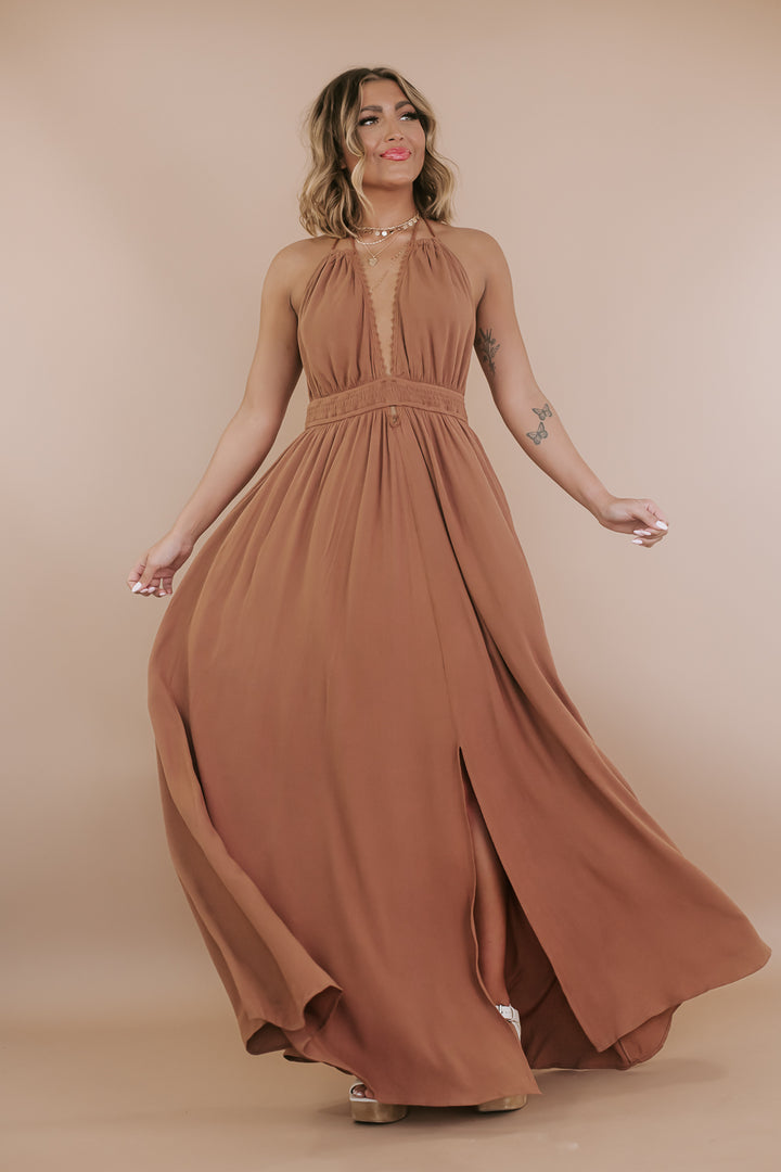 Lace Trim Halter Maxi Dress, Hazelnut