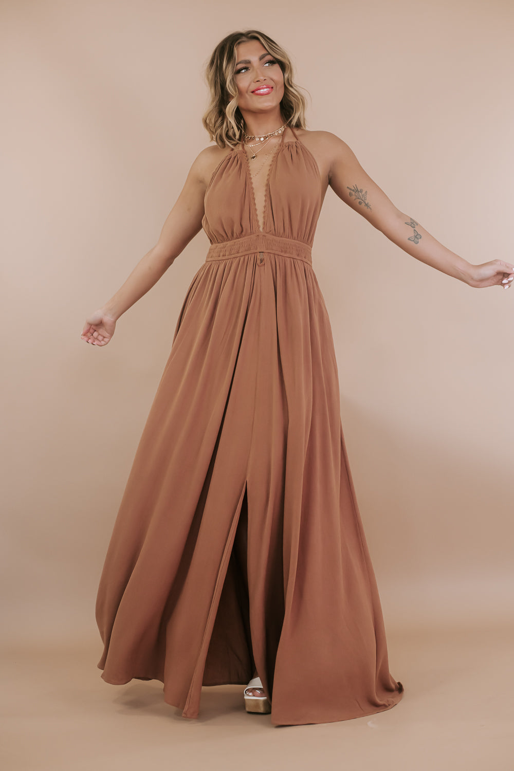 Lace Trim Halter Maxi Dress, Hazelnut