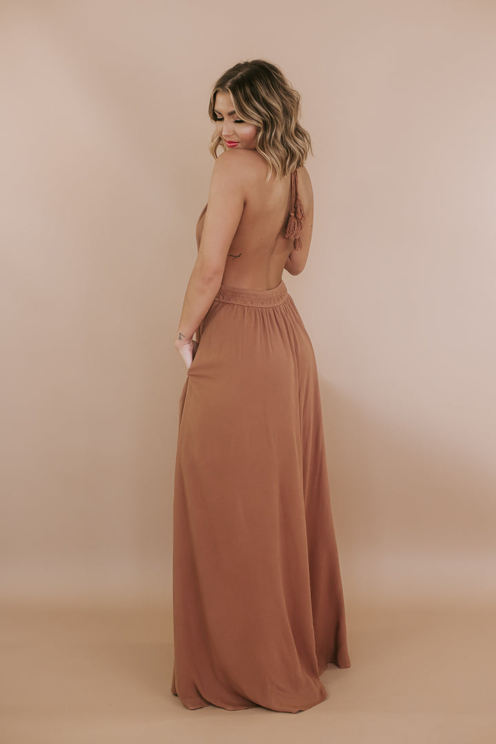 Lace Trim Halter Maxi Dress, Hazelnut