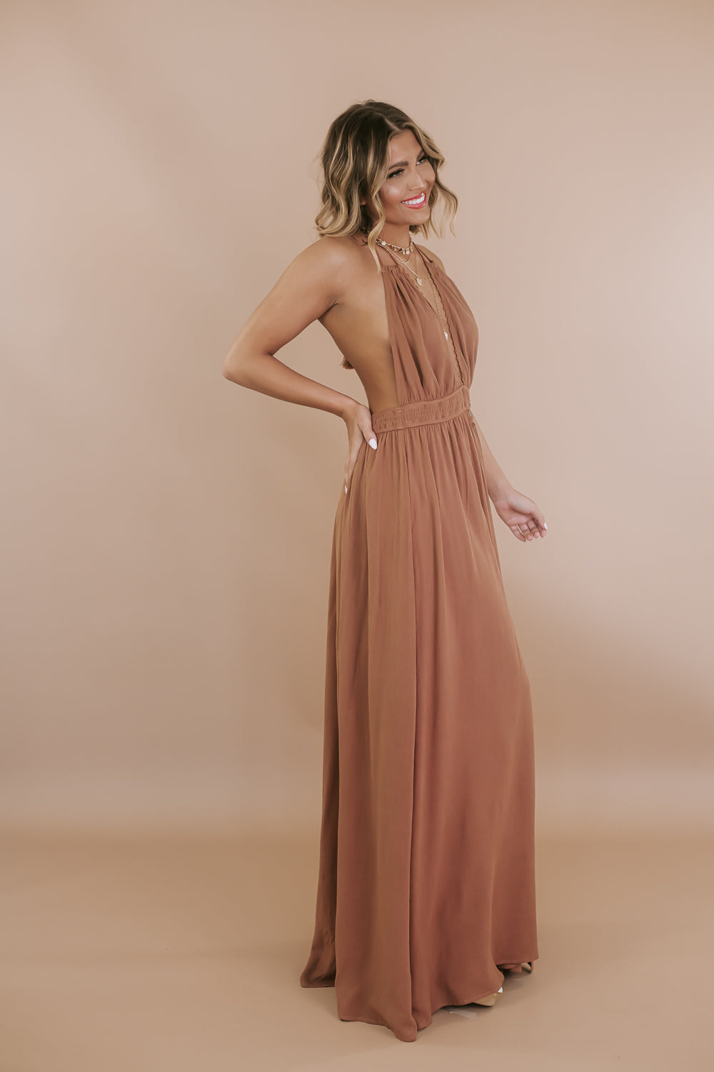 Lace Trim Halter Maxi Dress, Hazelnut