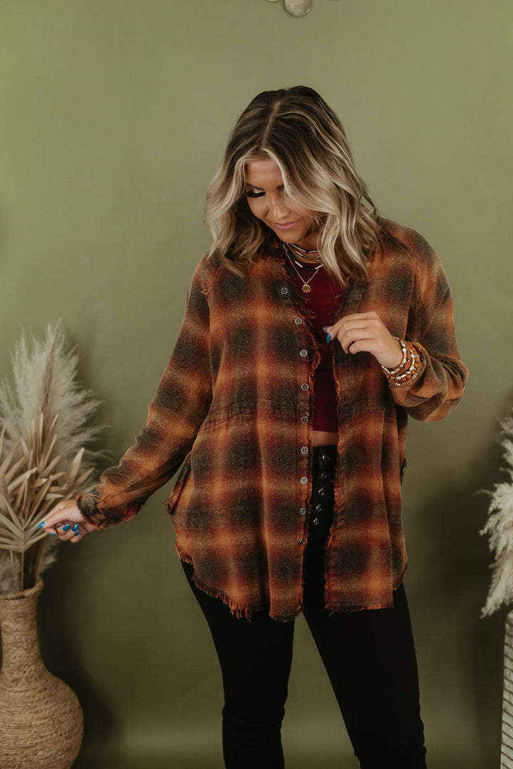 Everyday Chic Boutique Dip Dyed Button Up Flannel, Red Small