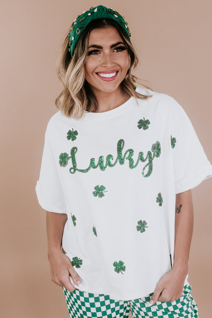 Lucky Sequin Patch Top, White