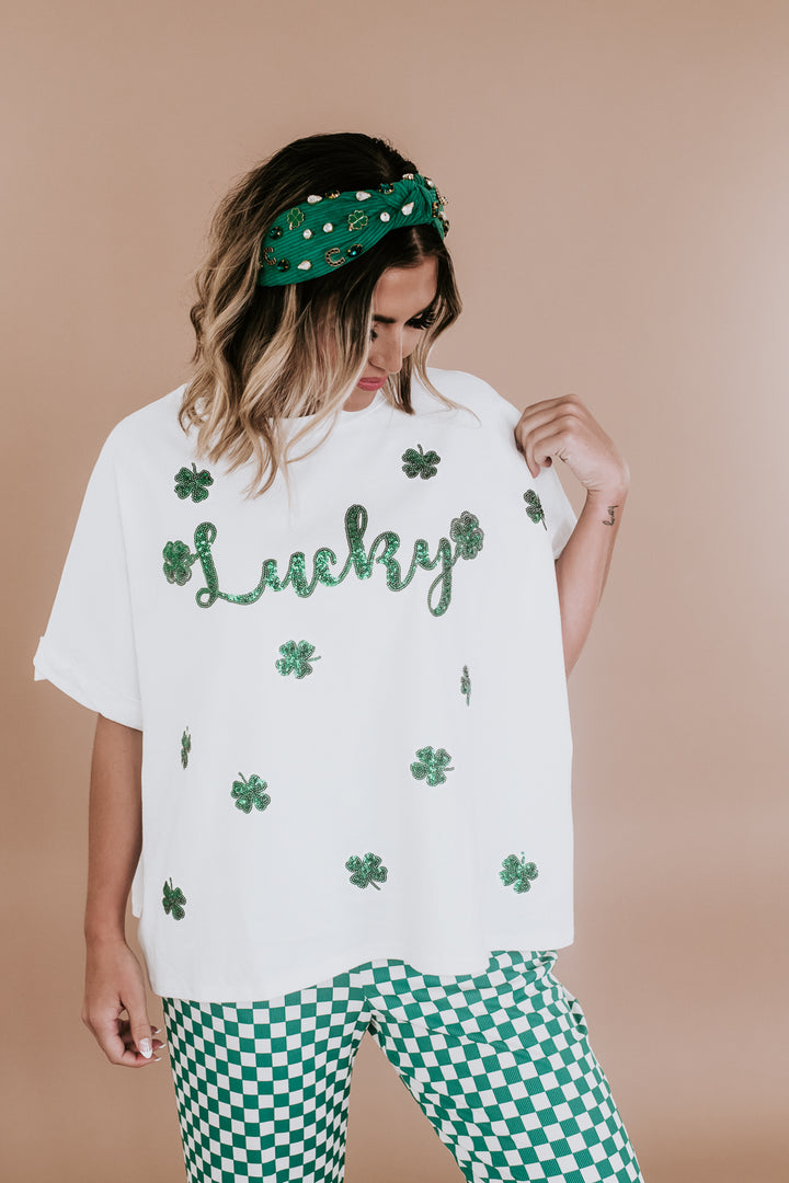 Lucky Sequin Patch Top, White