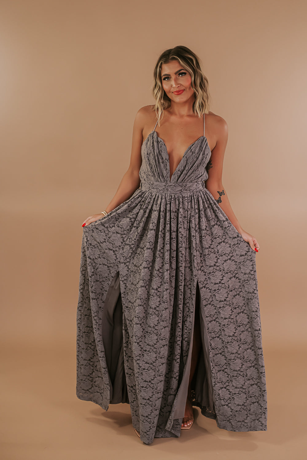 ECB Exclusive: Layla Lace Maxi Dress, Taupe