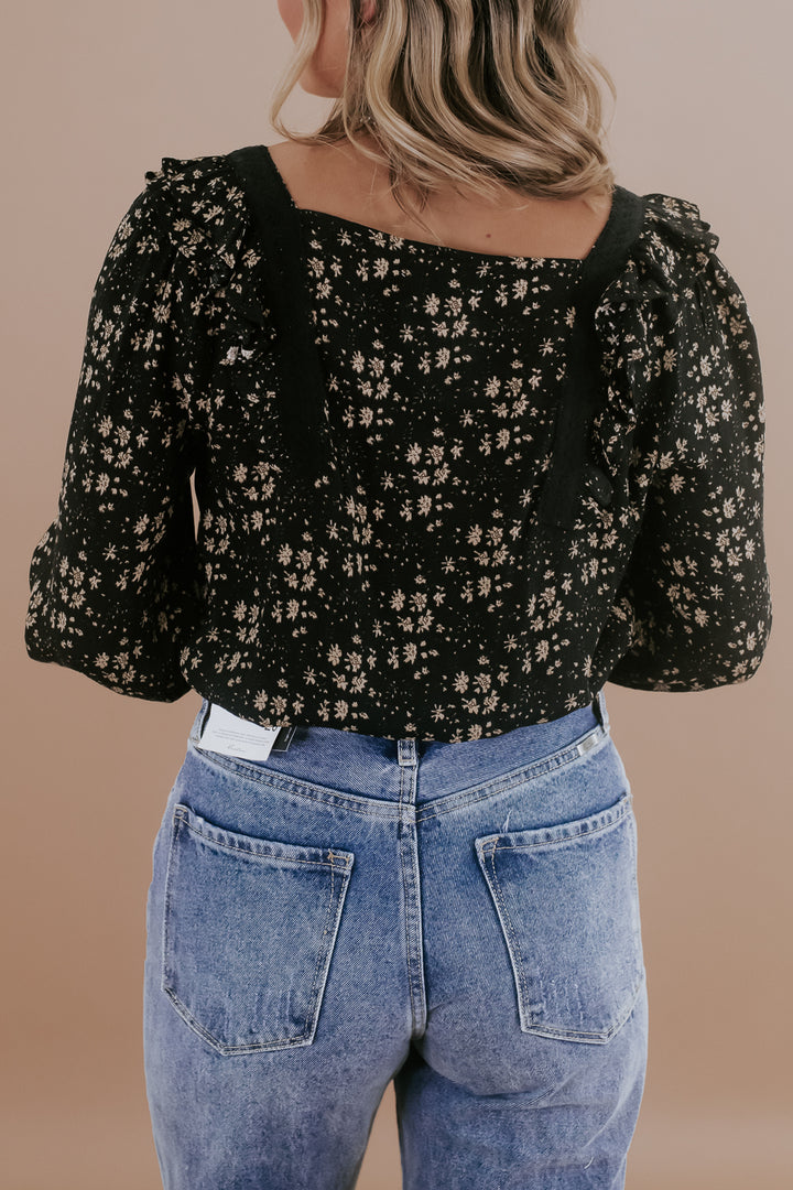 Ditsy Floral Square Neck Top, Black