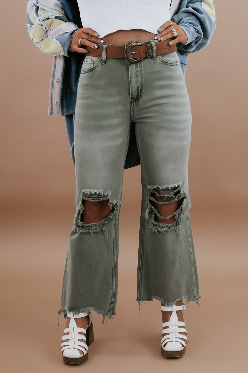 Army green distressed jeans store