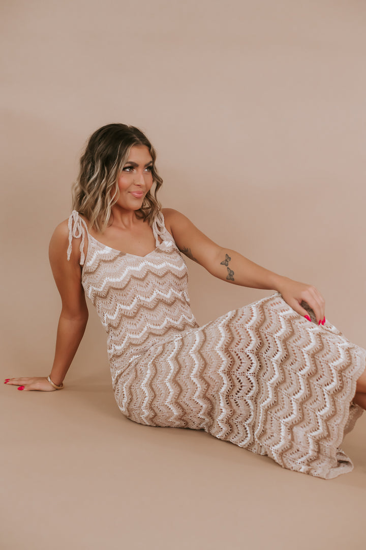 Crochet Chevron Maxi Dress, Taupe