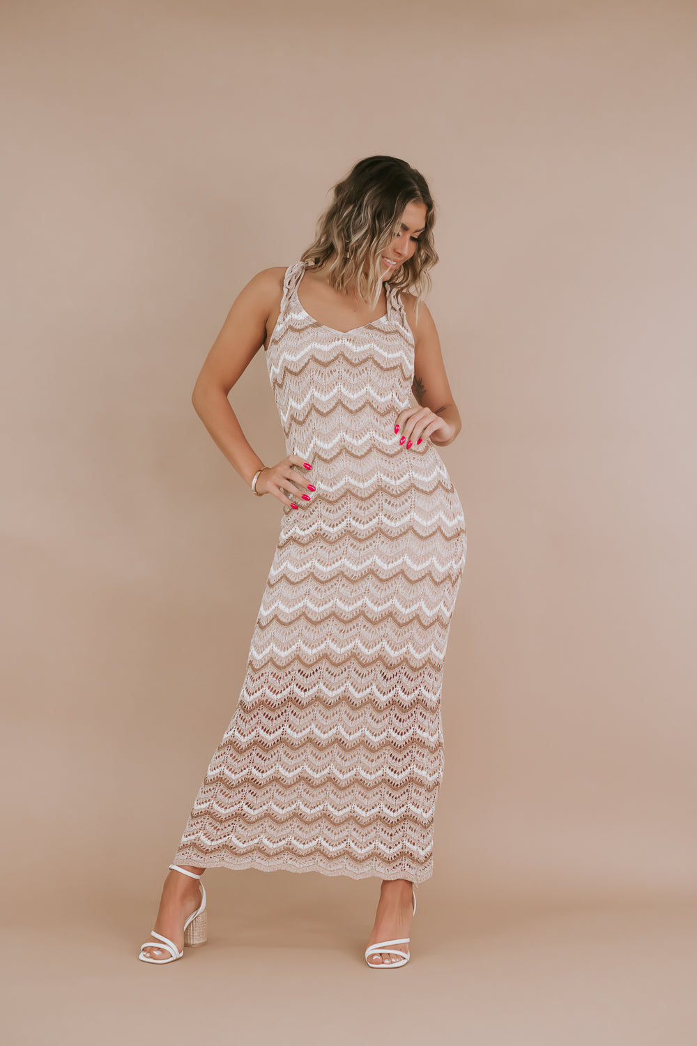 Crochet Chevron Maxi Dress, Taupe