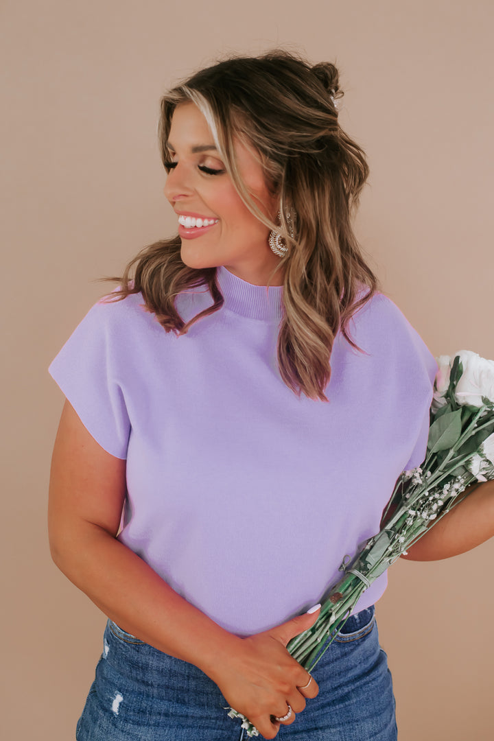 Mock Neck Short Sleeve Top, Lavender