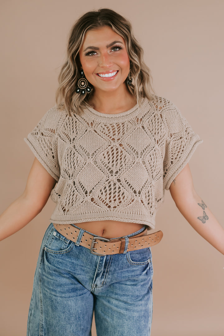 Crochet Short Sleeve Sweater Top, Brown