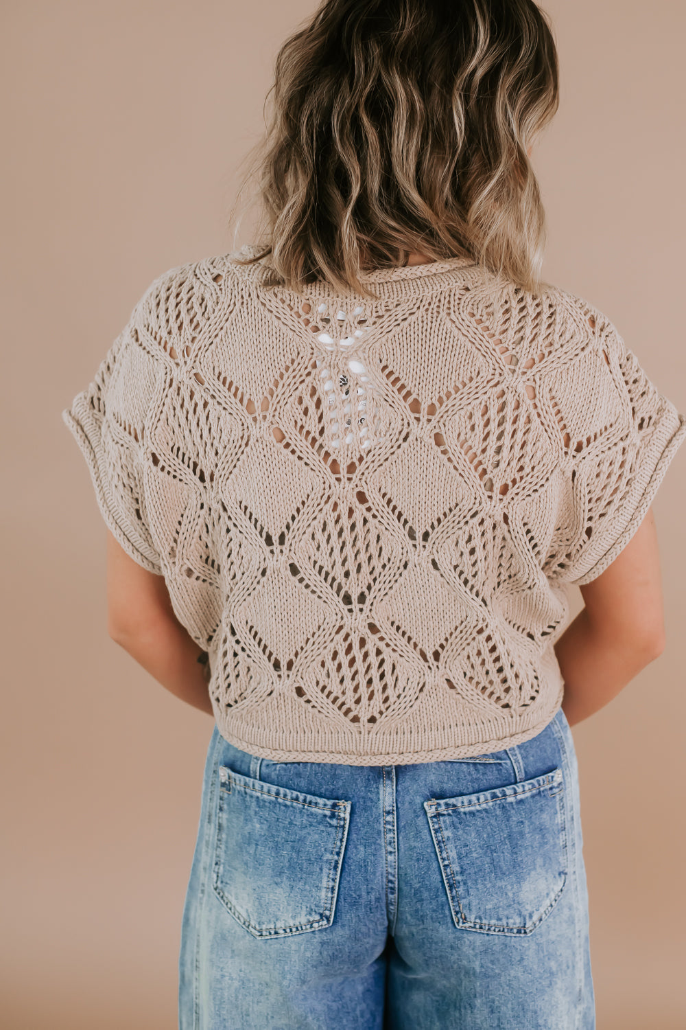 Crochet Short Sleeve Sweater Top, Brown