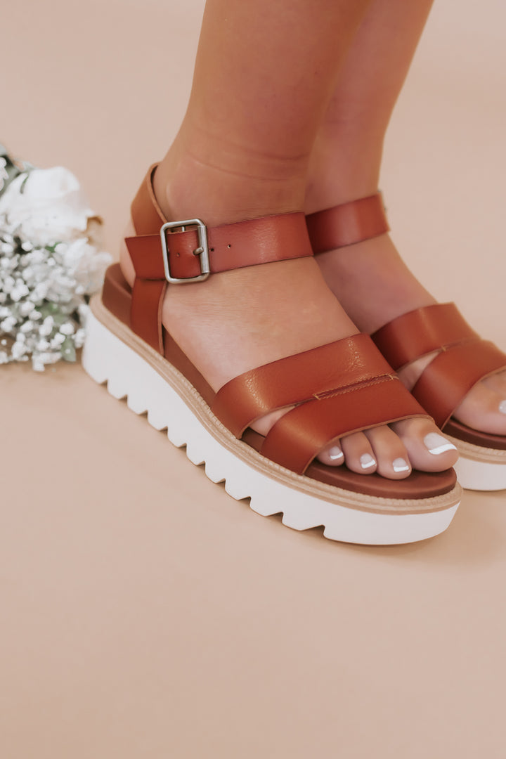 Ankle Strap Platform Wedge  Sandal, Cognac