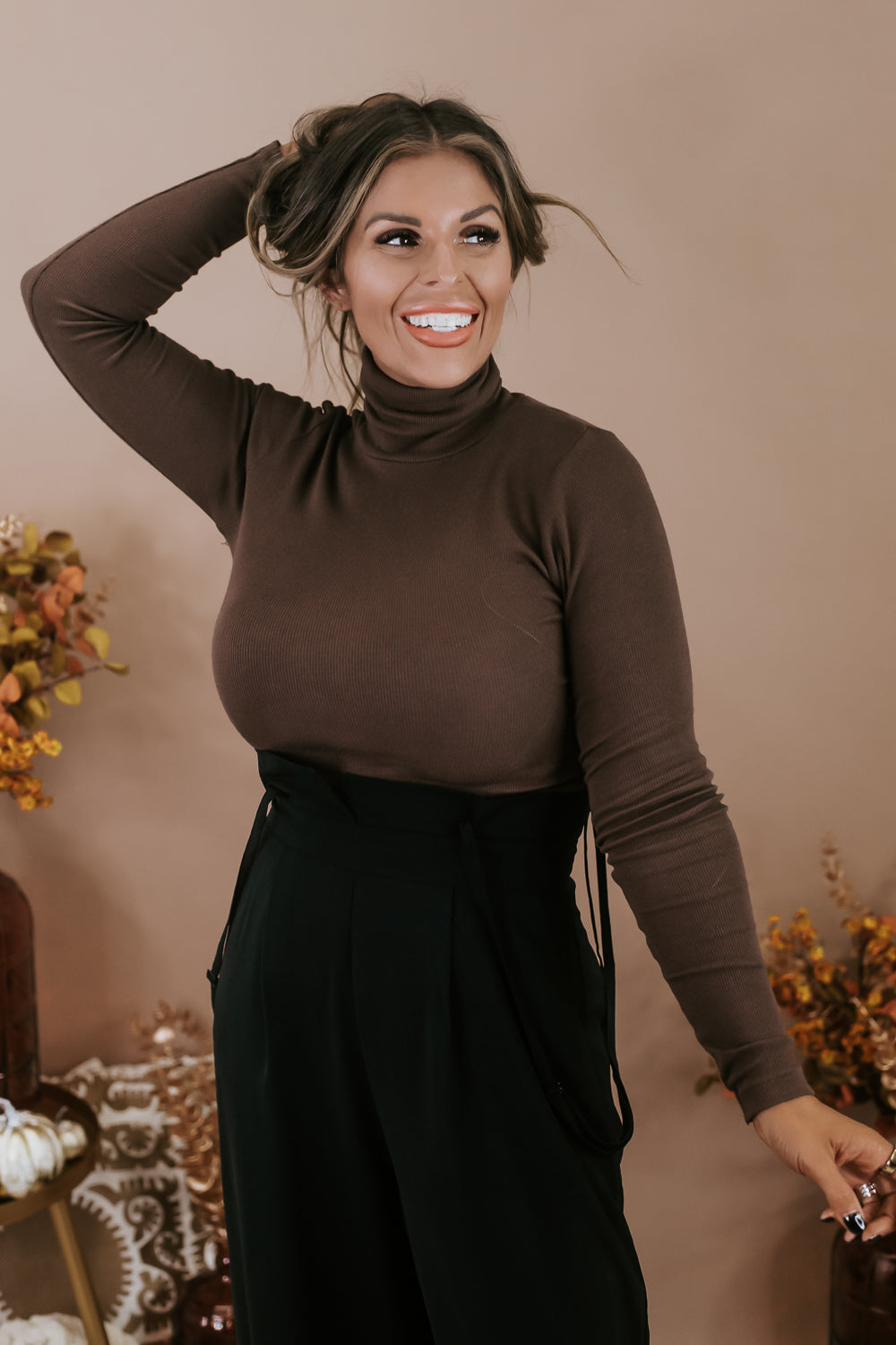 Lovely In Layers Ribbed Turtle Neck Top, Chocolate