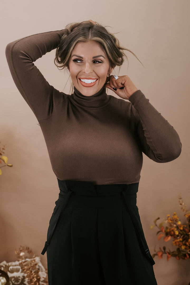 Lovely In Layers Ribbed Turtle Neck Top, Chocolate