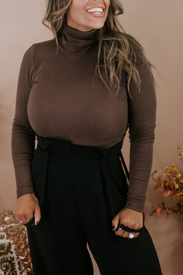 Lovely In Layers Ribbed Turtle Neck Top, Chocolate