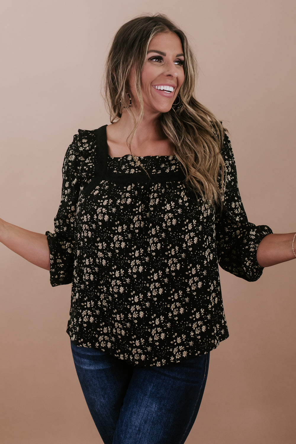 Ditsy Floral Square Neck Top, Black