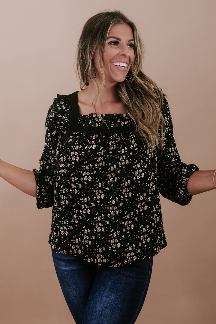 Ditsy Floral Square Neck Top, Black