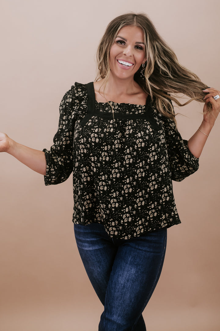 Ditsy Floral Square Neck Top, Black