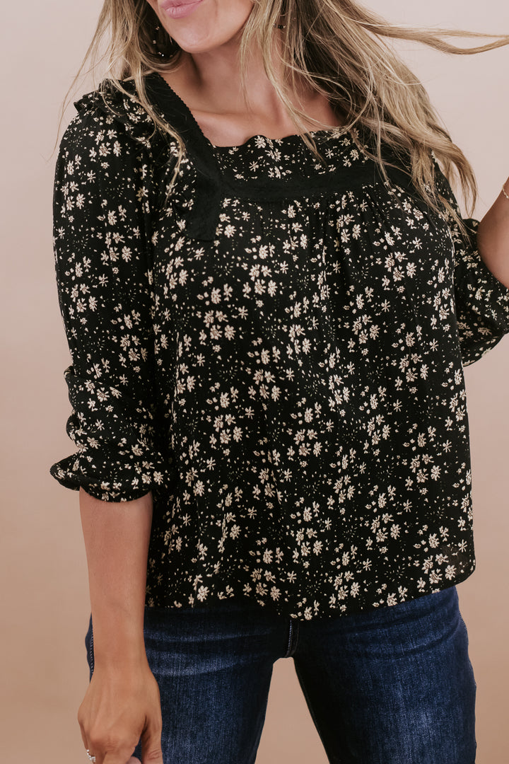 Ditsy Floral Square Neck Top, Black