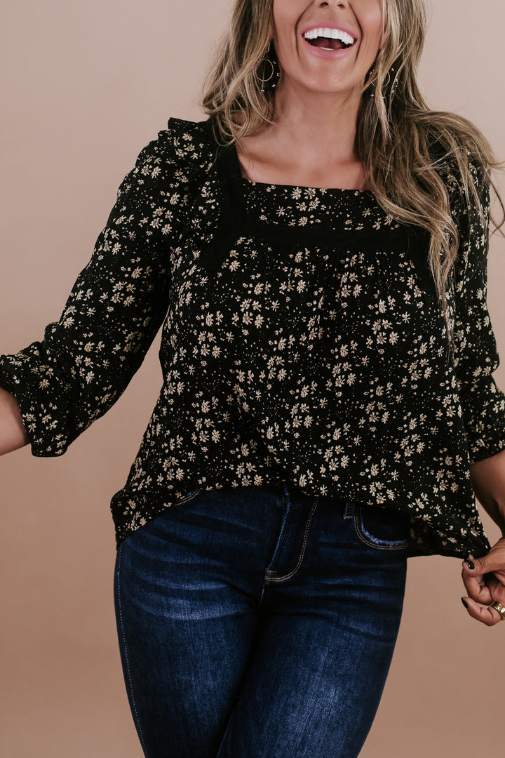 Ditsy Floral Square Neck Top, Black