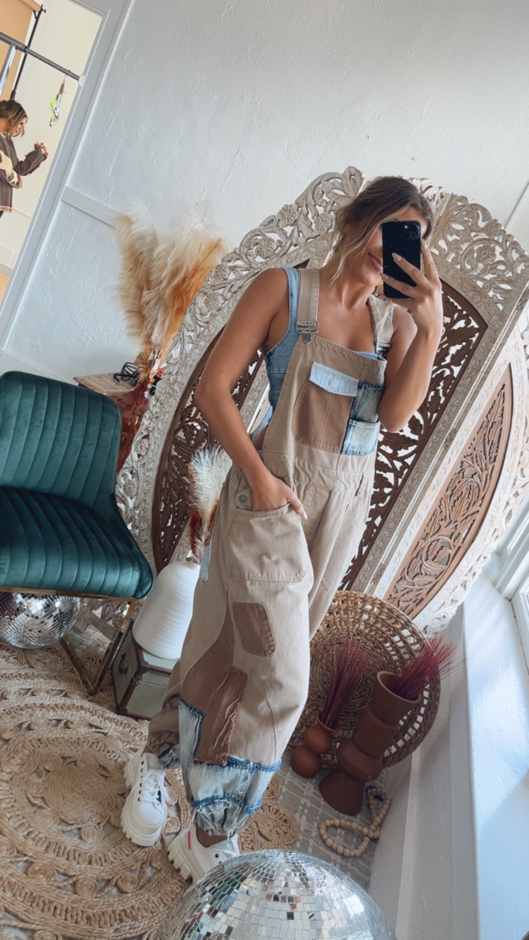 Picture This Patchwork Bib Overalls, Khaki