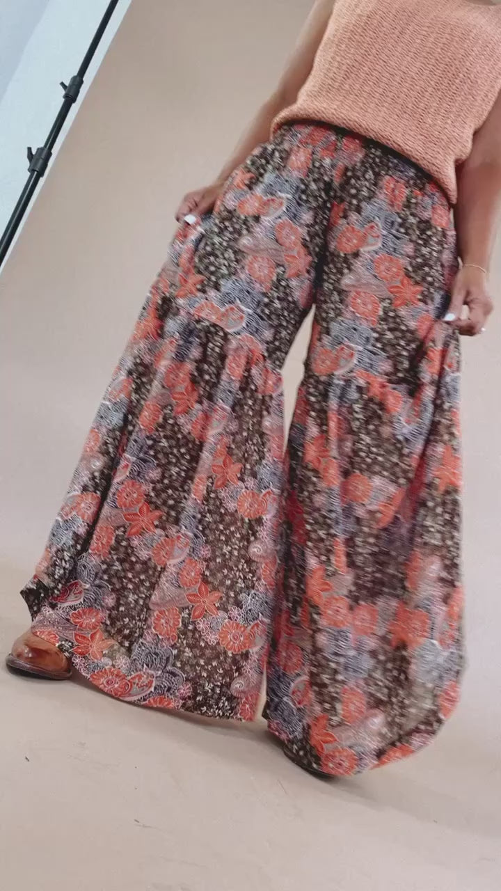 Boho Wide Leg Printed Pants, Brown