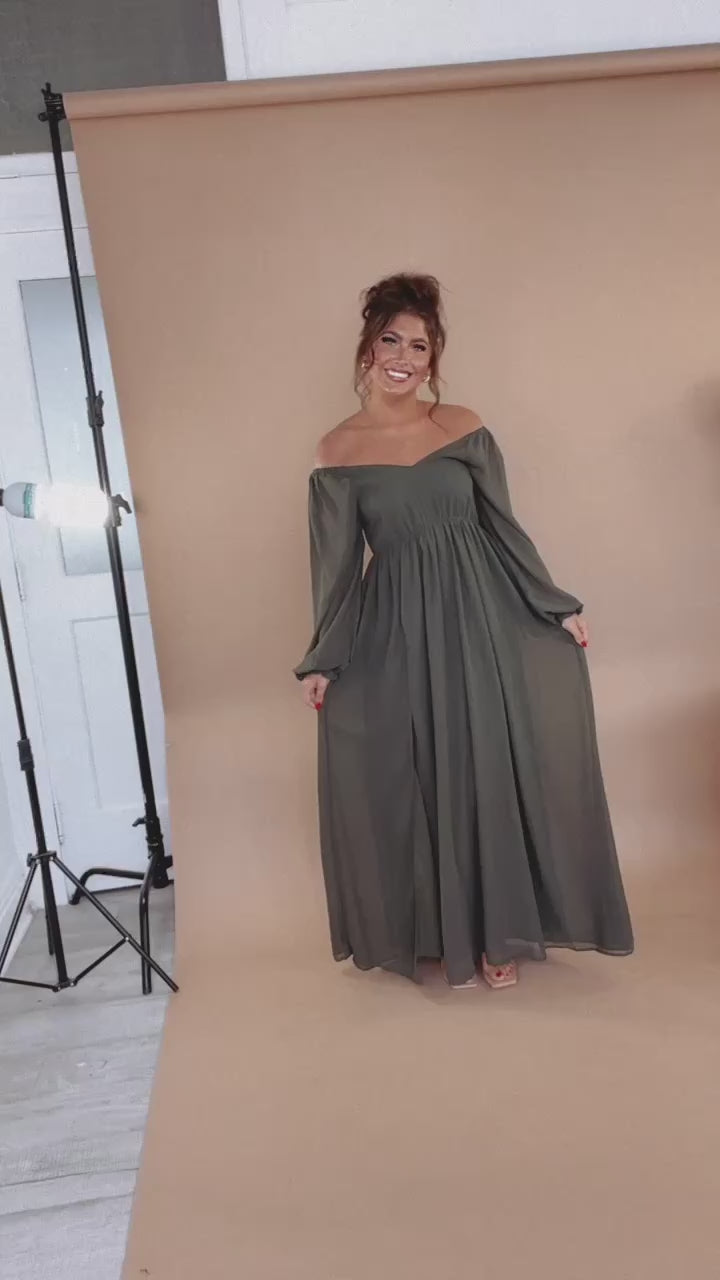 ECB Exclusive: Timeless Romantic Chiffon Maxi Dress, Olive