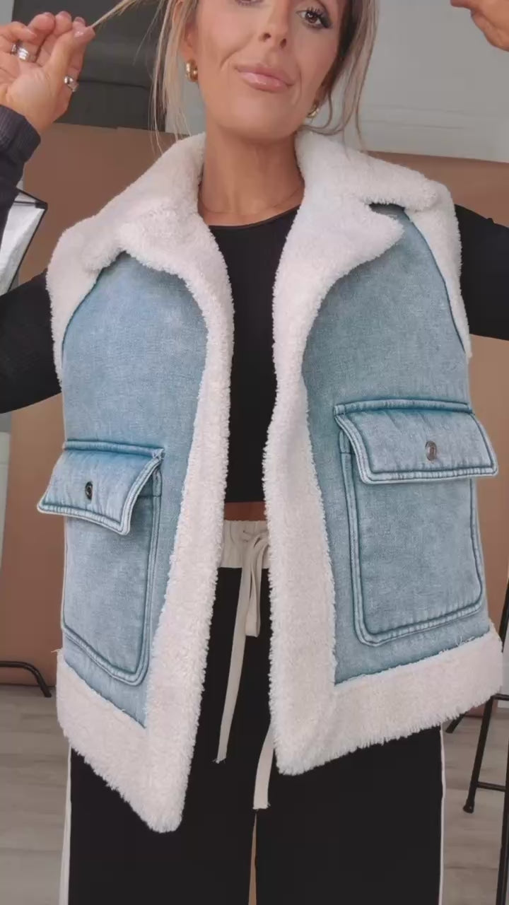 This Just In Stone Washed Denim Sherpa Vest